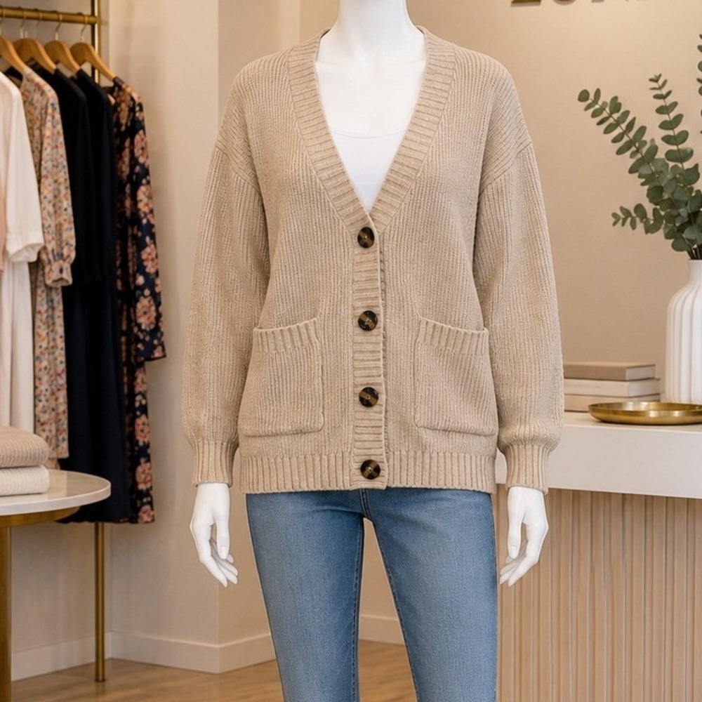 RSQ Womens Cardigan Tan Ribbed Knit Button Front Pocket Small